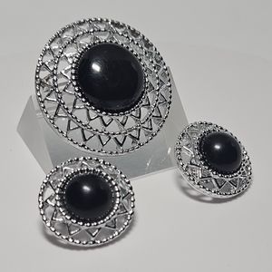 Sarah Coventry Silvertone Framed Black Stone Brooch and Earrings Set
